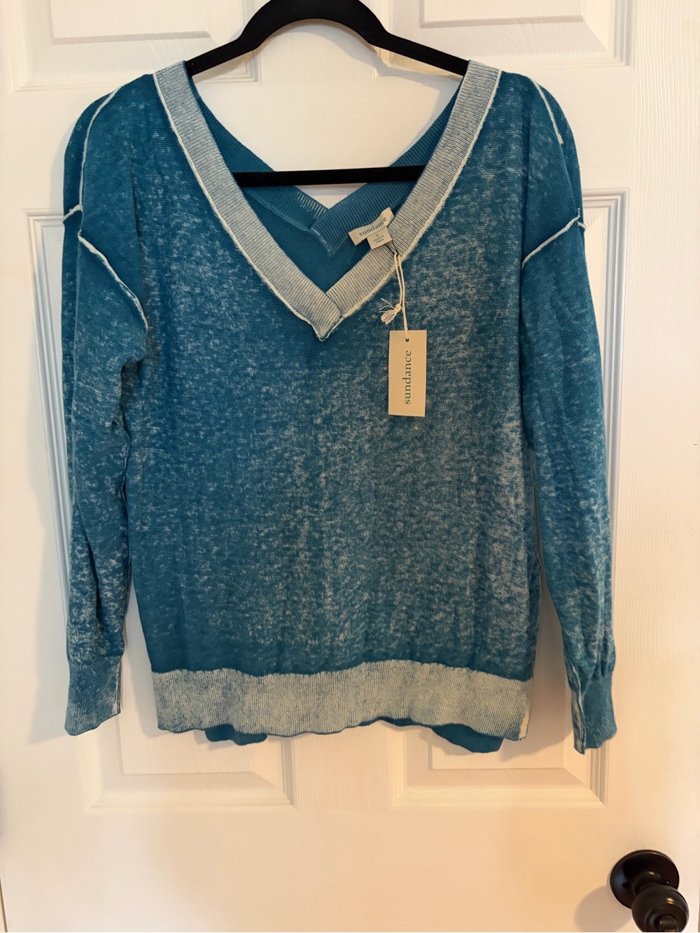 Sundance Teal Blue V-Neck Lightweight Sweater